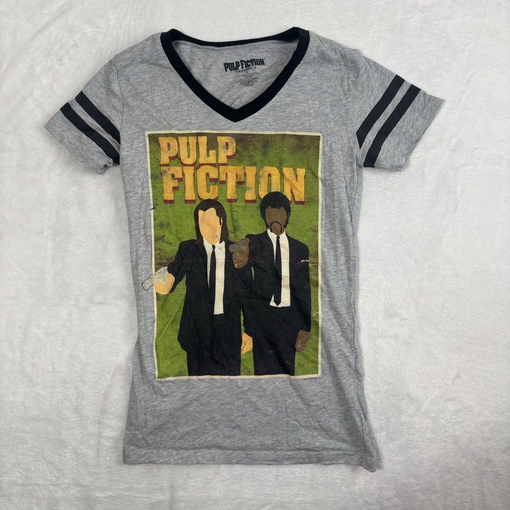 Pulp Fiction Movie Grey‎ Short Sleeve Ringer V-Neck Shirt Women's Medium
